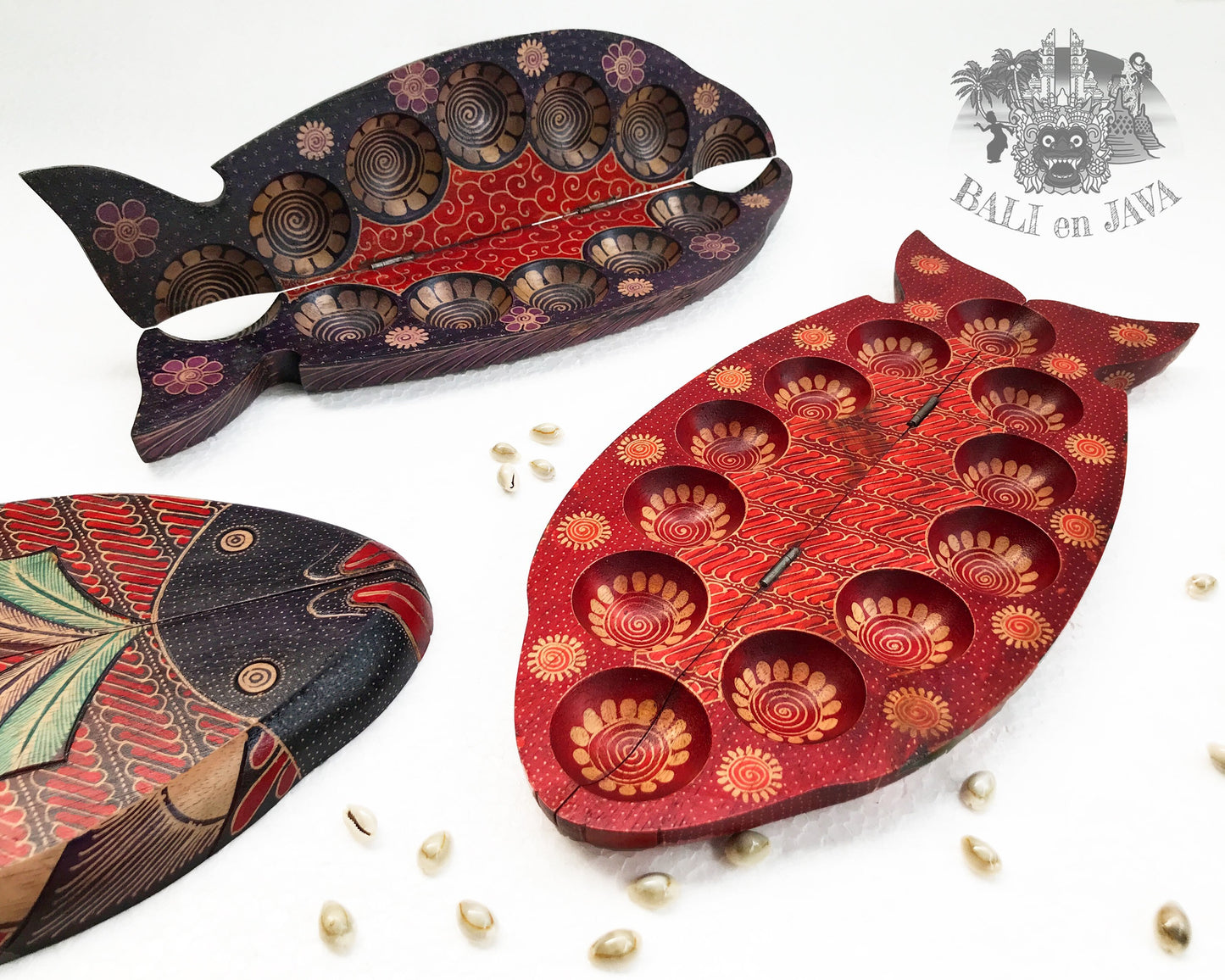 Mancala Fish Vintage Wooden Asian Congkak Kalaha Oware Sungka Board Game Batik Foldable Handmade Gift Home Decor Toys Family Game Table Game